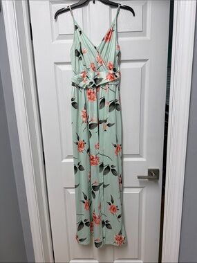 Mint Green Floral Maxi Dress with Coral Blooms
